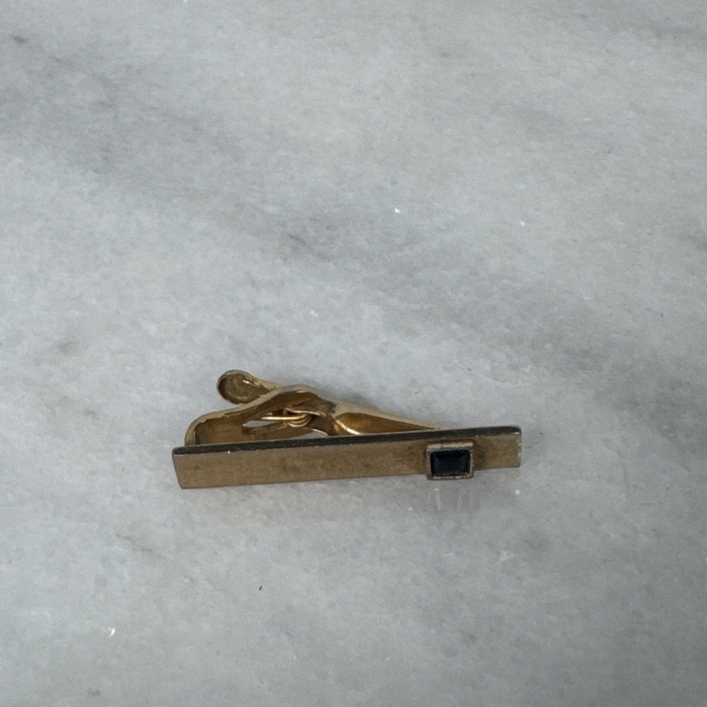 Vintage Gold Plated Signed Swank Black Rhinestone Accent Small Tie Clip Clasp